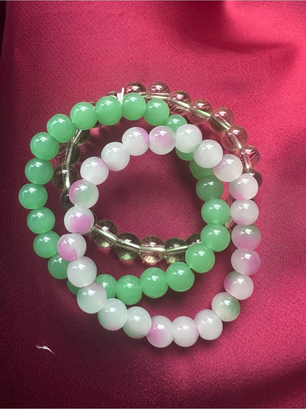 Green and Pink Beaded Stretch Bracelet Set - Women Jewelry
